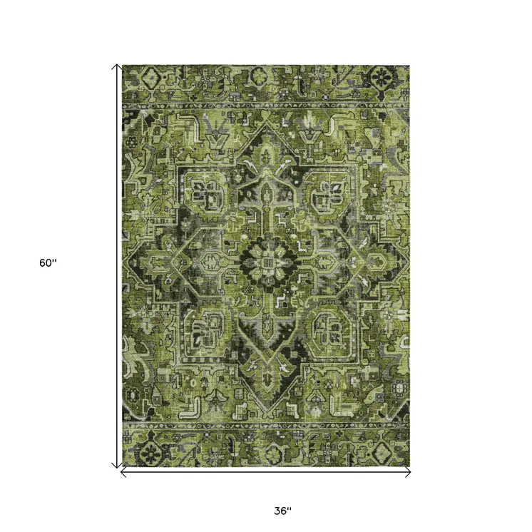 3' X 5' Olive Green and Dark Green Oriental Washable Non Skid Indoor Outdoor Area Rug