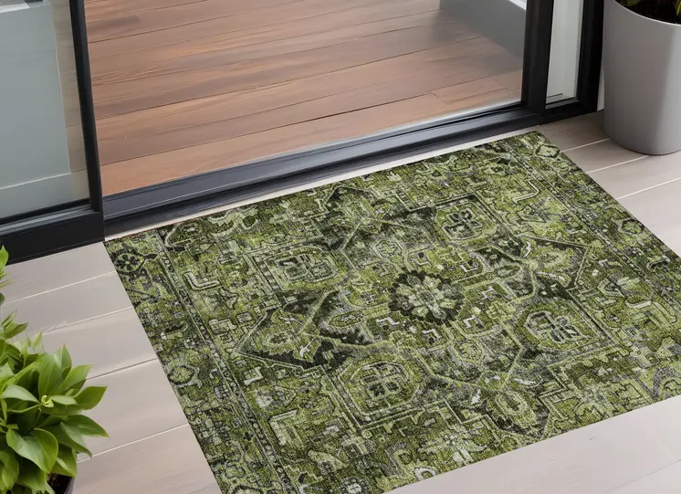 3' X 5' Olive Green and Dark Green Oriental Washable Non Skid Indoor Outdoor Area Rug