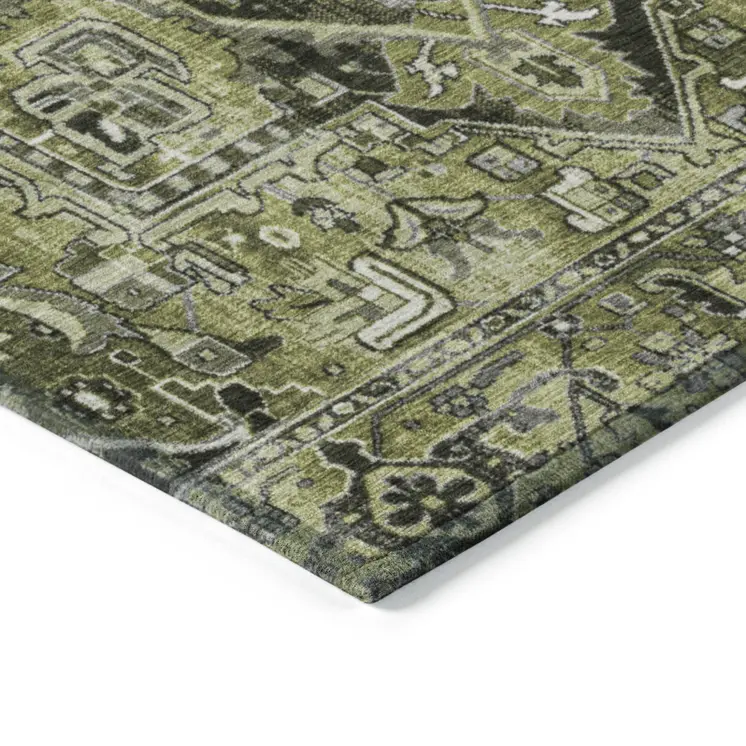 5' X 8' Olive Green and Dark Green Oriental Washable Non Skid Indoor Outdoor Area Rug
