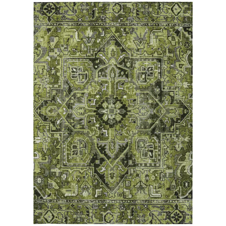 5' X 8' Olive Green and Dark Green Oriental Washable Non Skid Indoor Outdoor Area Rug