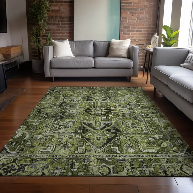 5' X 8' Olive Green and Dark Green Oriental Washable Non Skid Indoor Outdoor Area Rug