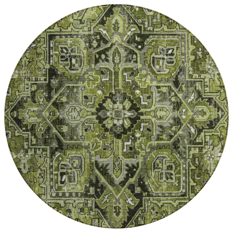 8' Round Olive Green and Dark Green Round Oriental Washable Non Skid Indoor Outdoor Area Rug
