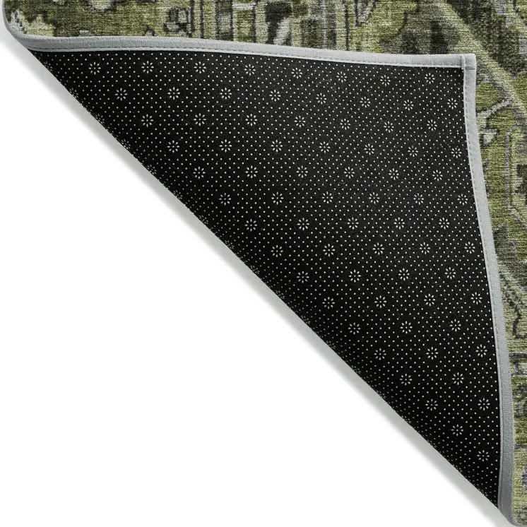 8' Round Olive Green and Dark Green Round Oriental Washable Non Skid Indoor Outdoor Area Rug