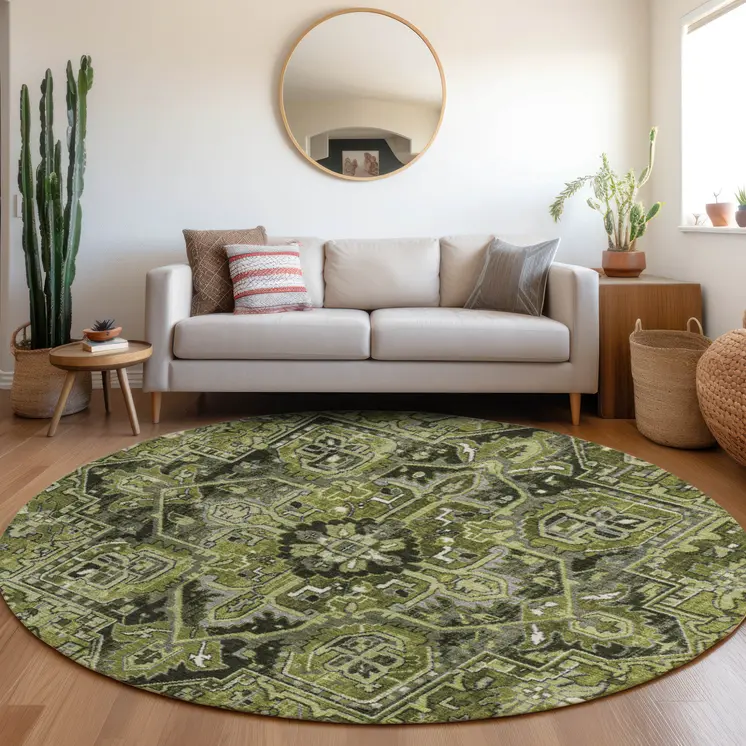 8' Round Olive Green and Dark Green Round Oriental Washable Non Skid Indoor Outdoor Area Rug