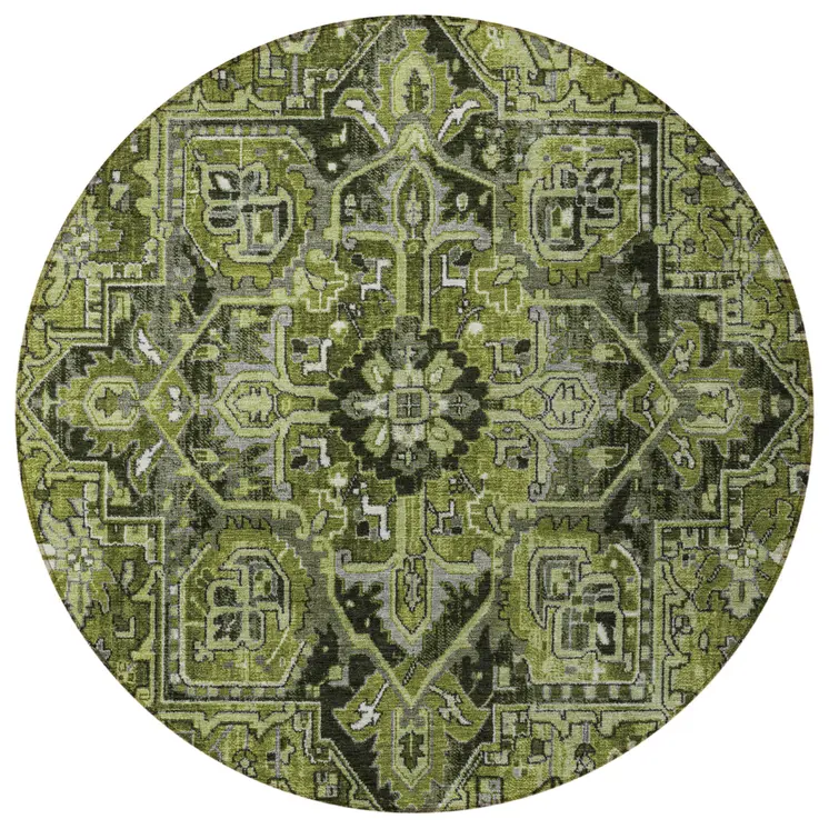 8' Round Olive Green and Dark Green Round Oriental Washable Non Skid Indoor Outdoor Area Rug