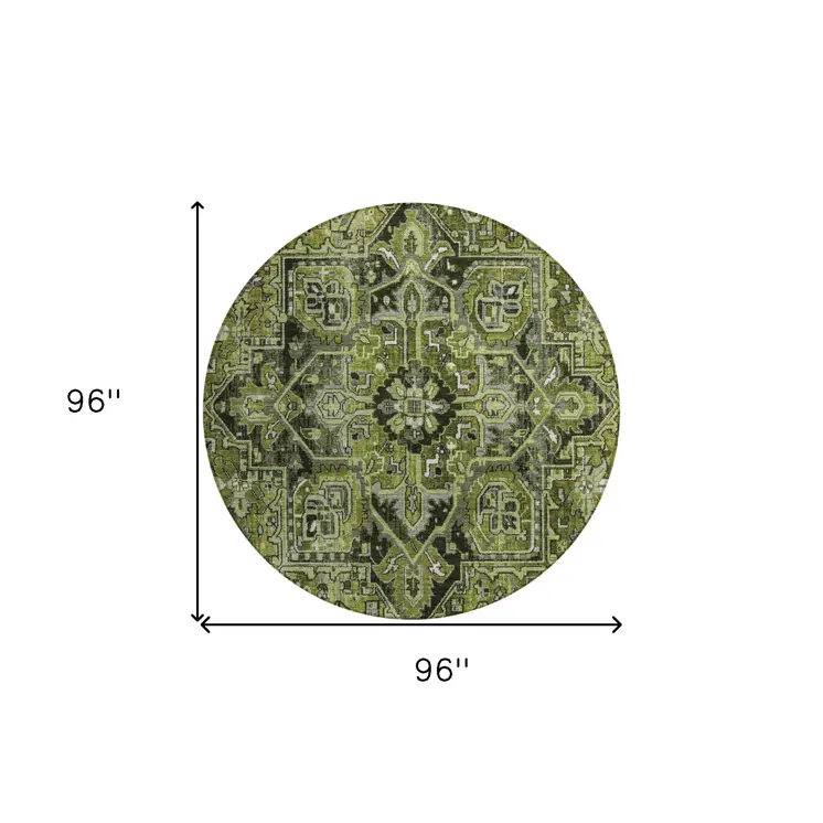8' Round Olive Green and Dark Green Round Oriental Washable Non Skid Indoor Outdoor Area Rug