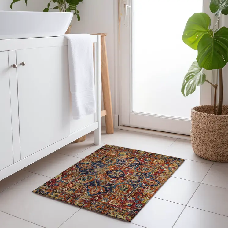 2' X 3' Red Orange and Blue Oriental Washable Non Skid Indoor Outdoor Area Rug
