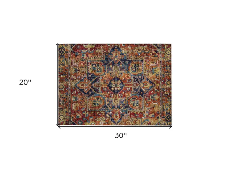 2' X 3' Red Orange and Blue Oriental Washable Non Skid Indoor Outdoor Area Rug