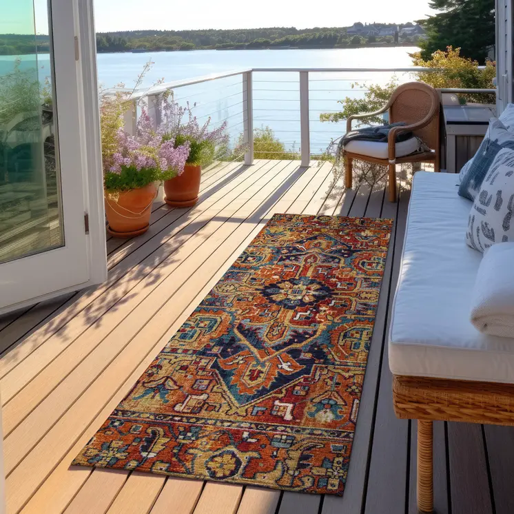 8' Red Orange And Blue Oriental Washable Indoor Outdoor Runner Rug