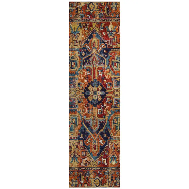 8' Red Orange And Blue Oriental Washable Indoor Outdoor Runner Rug