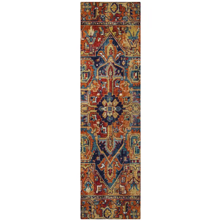 8' Red Orange And Blue Oriental Washable Indoor Outdoor Runner Rug