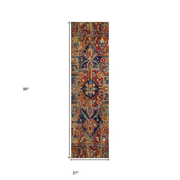 8' Red Orange And Blue Oriental Washable Indoor Outdoor Runner Rug