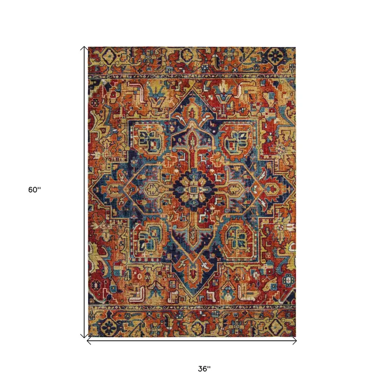 3' X 5' Red Orange and Blue Oriental Washable Non Skid Indoor Outdoor Area Rug