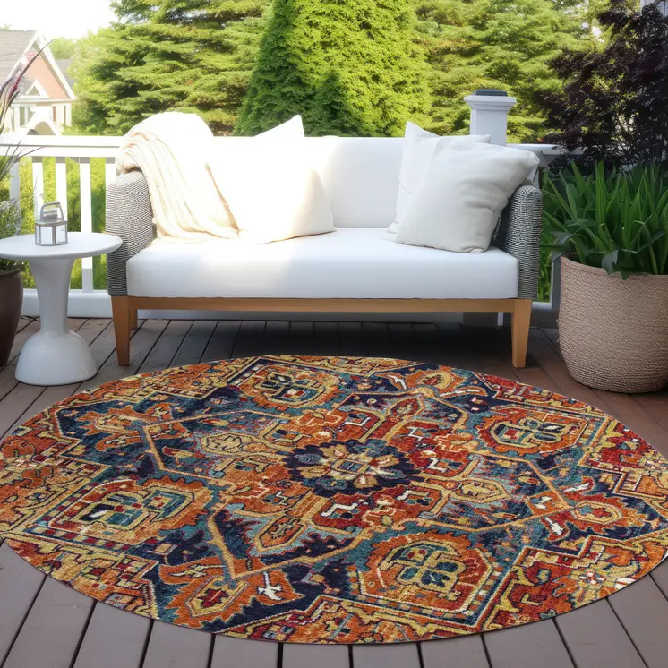 8' Round Red Orange and Blue Round Oriental Washable Non Skid Indoor Outdoor Area Rug