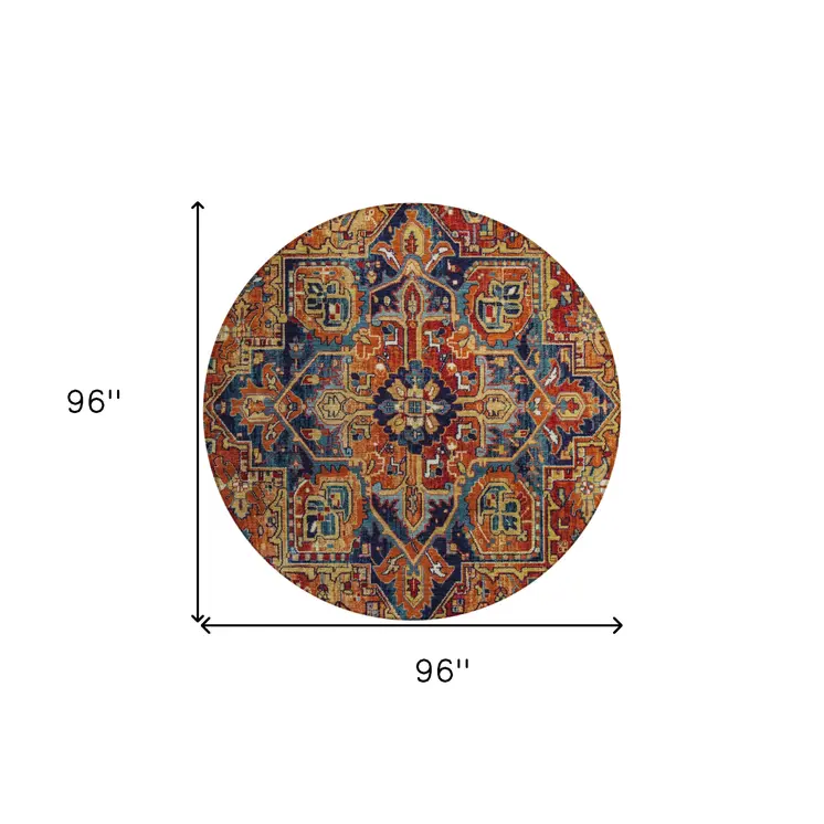 8' Round Red Orange and Blue Round Oriental Washable Non Skid Indoor Outdoor Area Rug