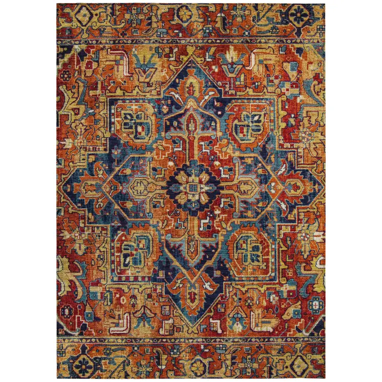 10' X 14' Red Orange and Blue Oriental Washable Non Skid Indoor Outdoor Area Rug
