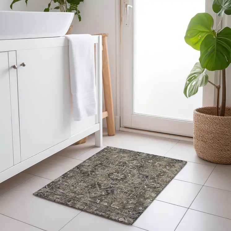 2' X 3' Taupe and Dark Taupe Oriental Washable Non Skid Indoor Outdoor Area Rug