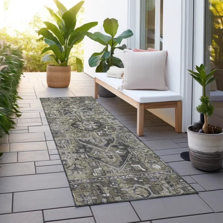 8' Taupe Oriental Washable Indoor Outdoor Runner Rug