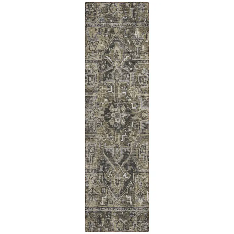 8' Taupe Oriental Washable Indoor Outdoor Runner Rug