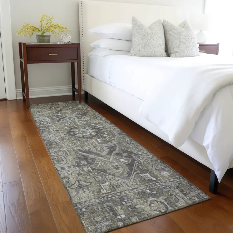 8' Taupe Oriental Washable Indoor Outdoor Runner Rug