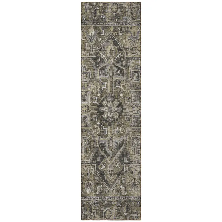 8' Taupe Oriental Washable Indoor Outdoor Runner Rug