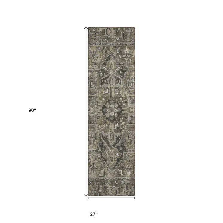 8' Taupe Oriental Washable Indoor Outdoor Runner Rug
