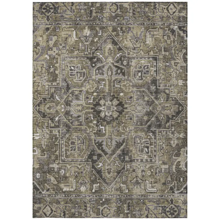 5' X 8' Taupe and Dark Taupe Oriental Washable Non Skid Indoor Outdoor Area Rug