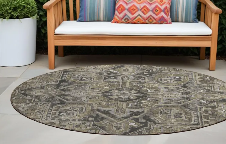 8' Taupe Round Oriental Washable Indoor Outdoor Area Rug