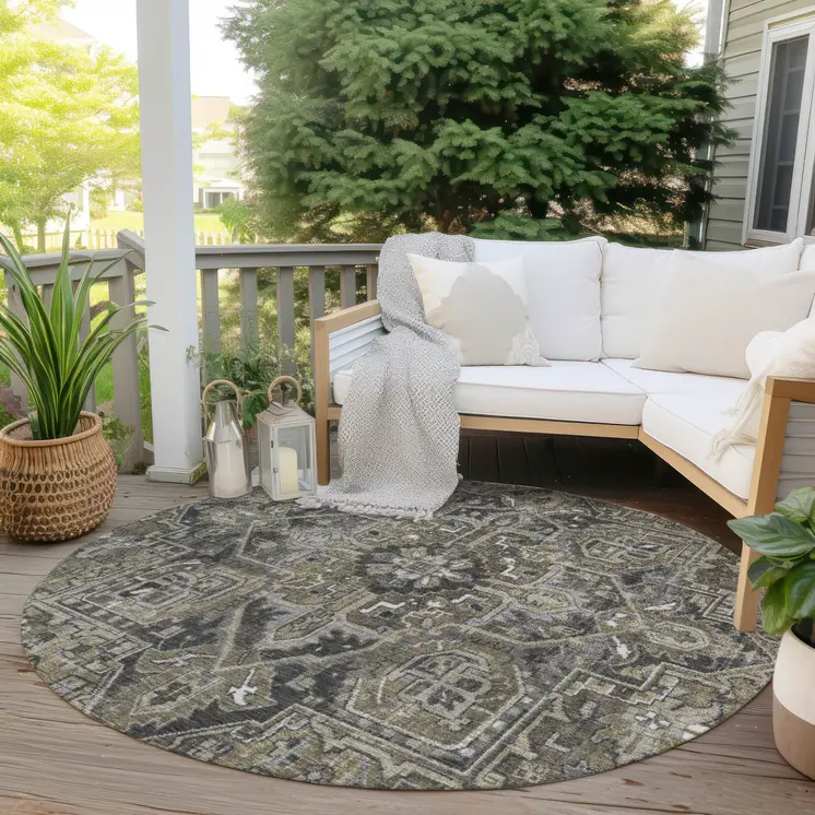 8' Taupe Round Oriental Washable Indoor Outdoor Area Rug