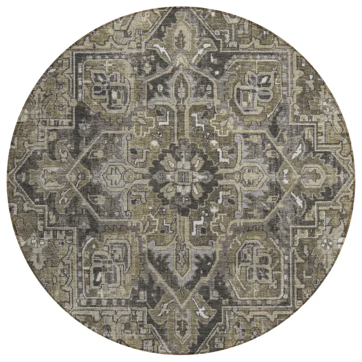 8' Taupe Round Oriental Washable Indoor Outdoor Area Rug
