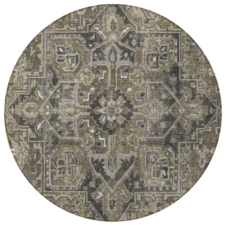 8' Taupe Round Oriental Washable Indoor Outdoor Area Rug