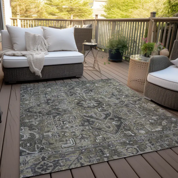 8' X 10' Taupe and Dark Taupe Oriental Washable Non Skid Indoor Outdoor Area Rug