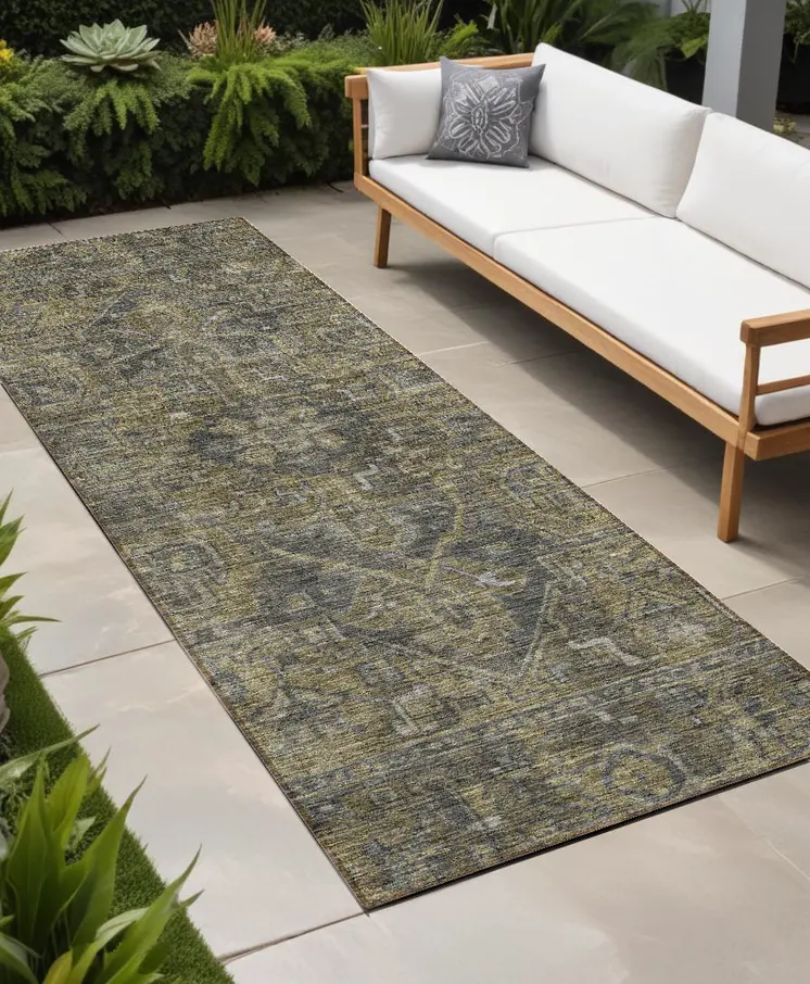 8' Runner Dark Moss Green and Gray Oriental Washable Non Skid Indoor Outdoor Runner Rug