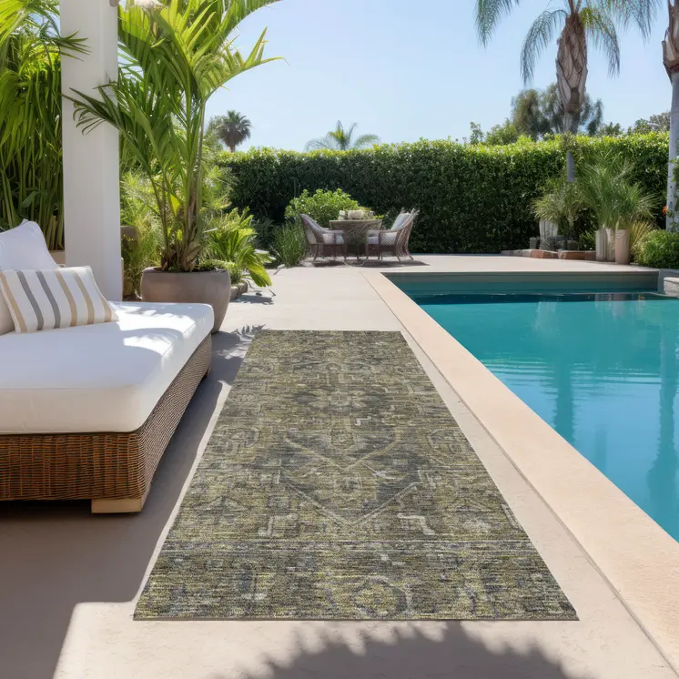 8' Runner Dark Moss Green and Gray Oriental Washable Non Skid Indoor Outdoor Runner Rug