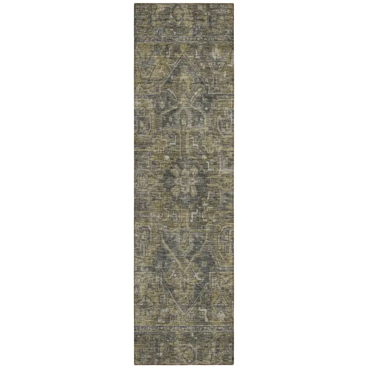 8' Runner Dark Moss Green and Gray Oriental Washable Non Skid Indoor Outdoor Runner Rug