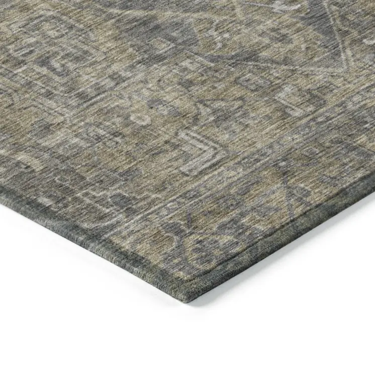 8' Runner Dark Moss Green and Gray Oriental Washable Non Skid Indoor Outdoor Runner Rug