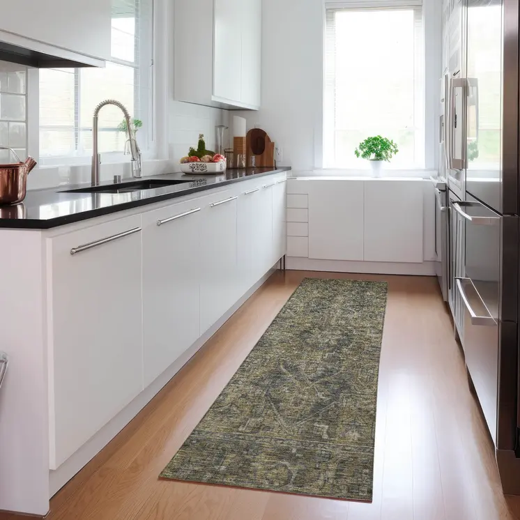 8' Runner Dark Moss Green and Gray Oriental Washable Non Skid Indoor Outdoor Runner Rug
