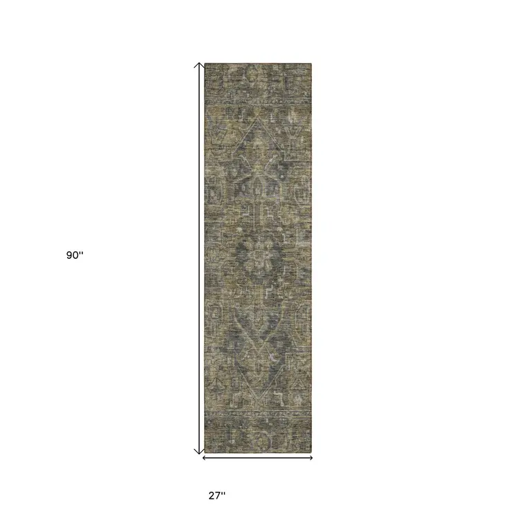 8' Runner Dark Moss Green and Gray Oriental Washable Non Skid Indoor Outdoor Runner Rug