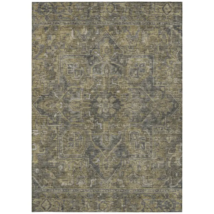 3' X 5' Dark Moss Green and Gray Oriental Washable Non Skid Indoor Outdoor Area Rug