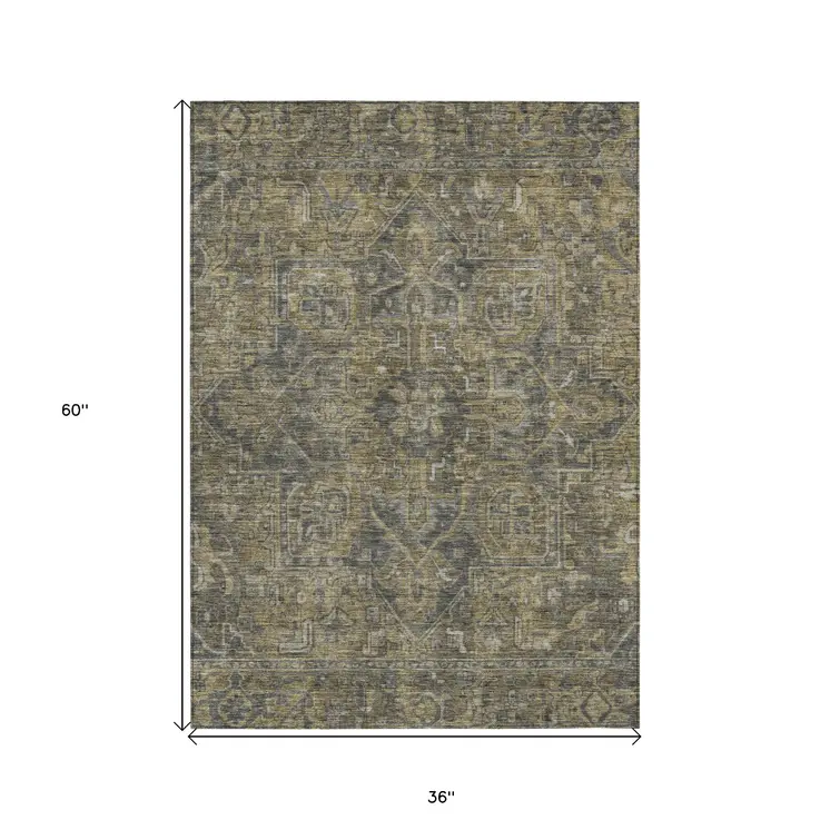 3' X 5' Dark Moss Green and Gray Oriental Washable Non Skid Indoor Outdoor Area Rug