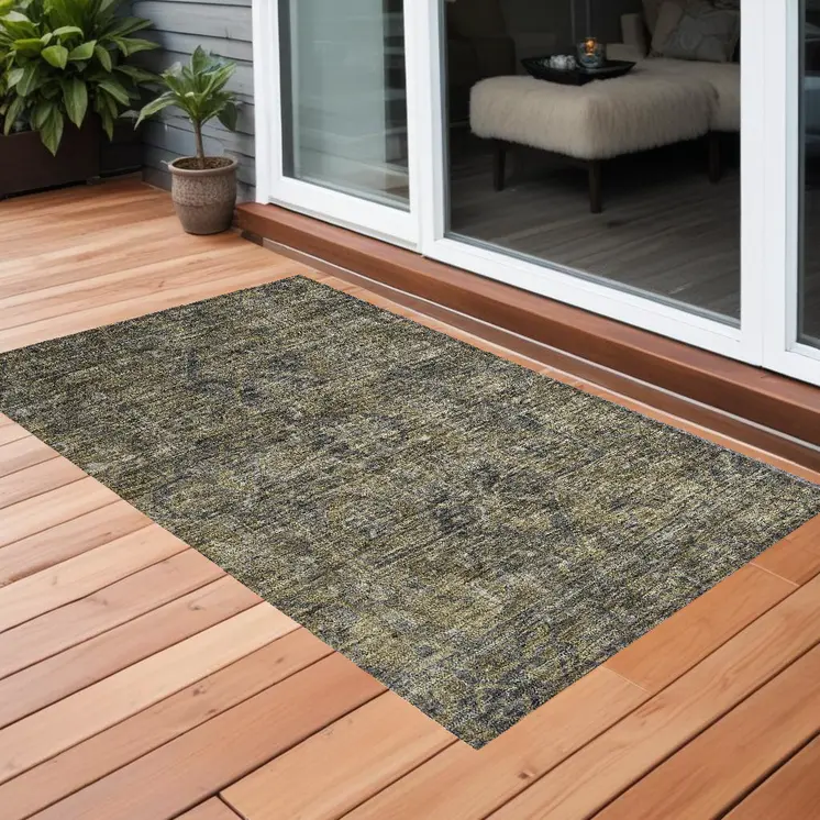 3' X 5' Dark Moss Green and Gray Oriental Washable Non Skid Indoor Outdoor Area Rug