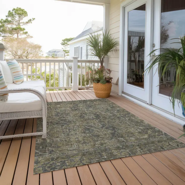 3' X 5' Dark Moss Green and Gray Oriental Washable Non Skid Indoor Outdoor Area Rug