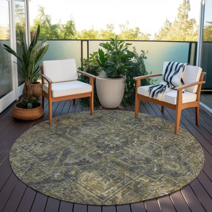 8' Round Dark Moss Green and Gray Round Oriental Washable Non Skid Indoor Outdoor Area Rug
