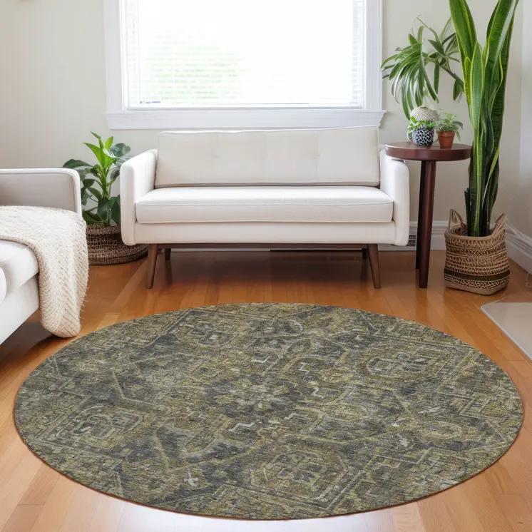 8' Round Dark Moss Green and Gray Round Oriental Washable Non Skid Indoor Outdoor Area Rug