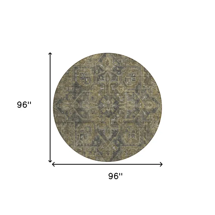 8' Round Dark Moss Green and Gray Round Oriental Washable Non Skid Indoor Outdoor Area Rug