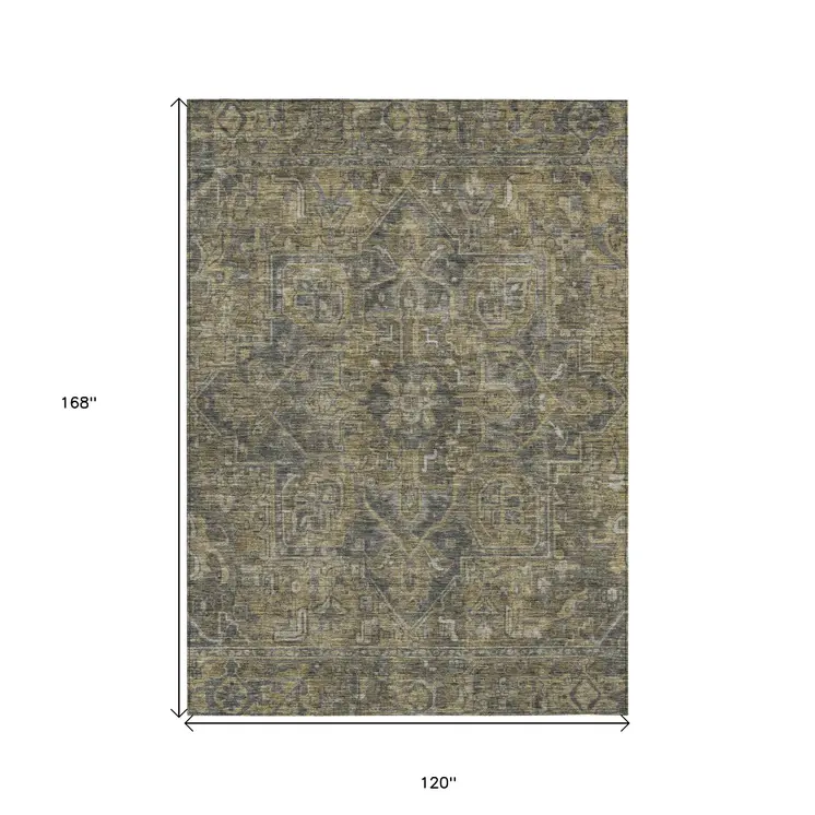 10' X 14' Dark Moss Green and Gray Oriental Washable Non Skid Indoor Outdoor Area Rug