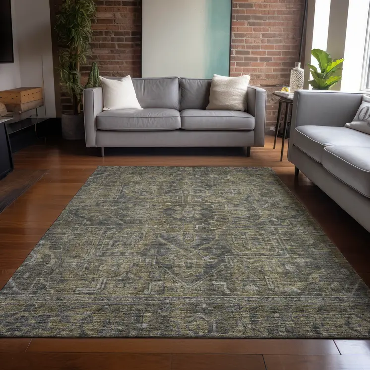 10' X 14' Dark Moss Green and Gray Oriental Washable Non Skid Indoor Outdoor Area Rug