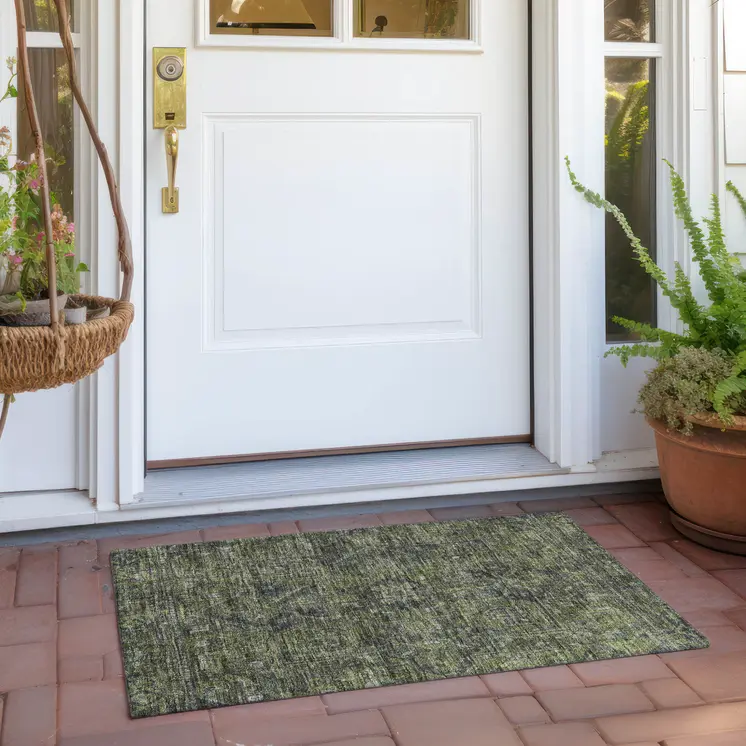 2' X 3' Moss Green and Gray Oriental Washable Non Skid Indoor Outdoor Area Rug