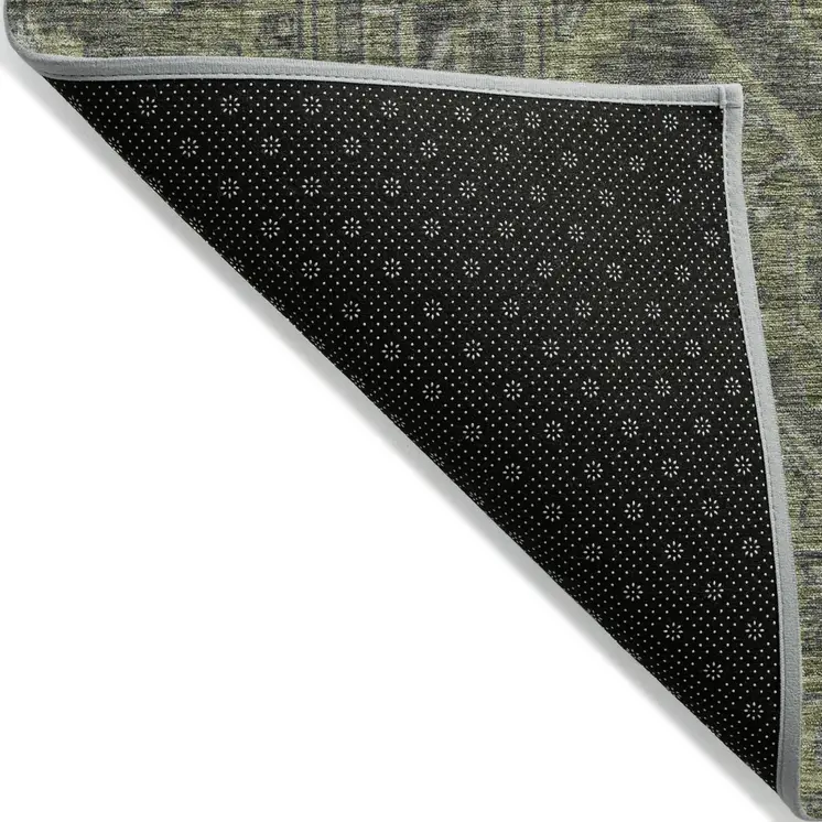 2' X 3' Moss Green and Gray Oriental Washable Non Skid Indoor Outdoor Area Rug