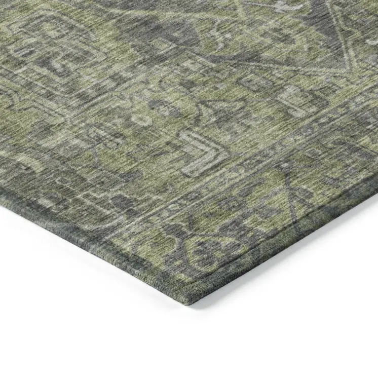 2' X 3' Moss Green and Gray Oriental Washable Non Skid Indoor Outdoor Area Rug